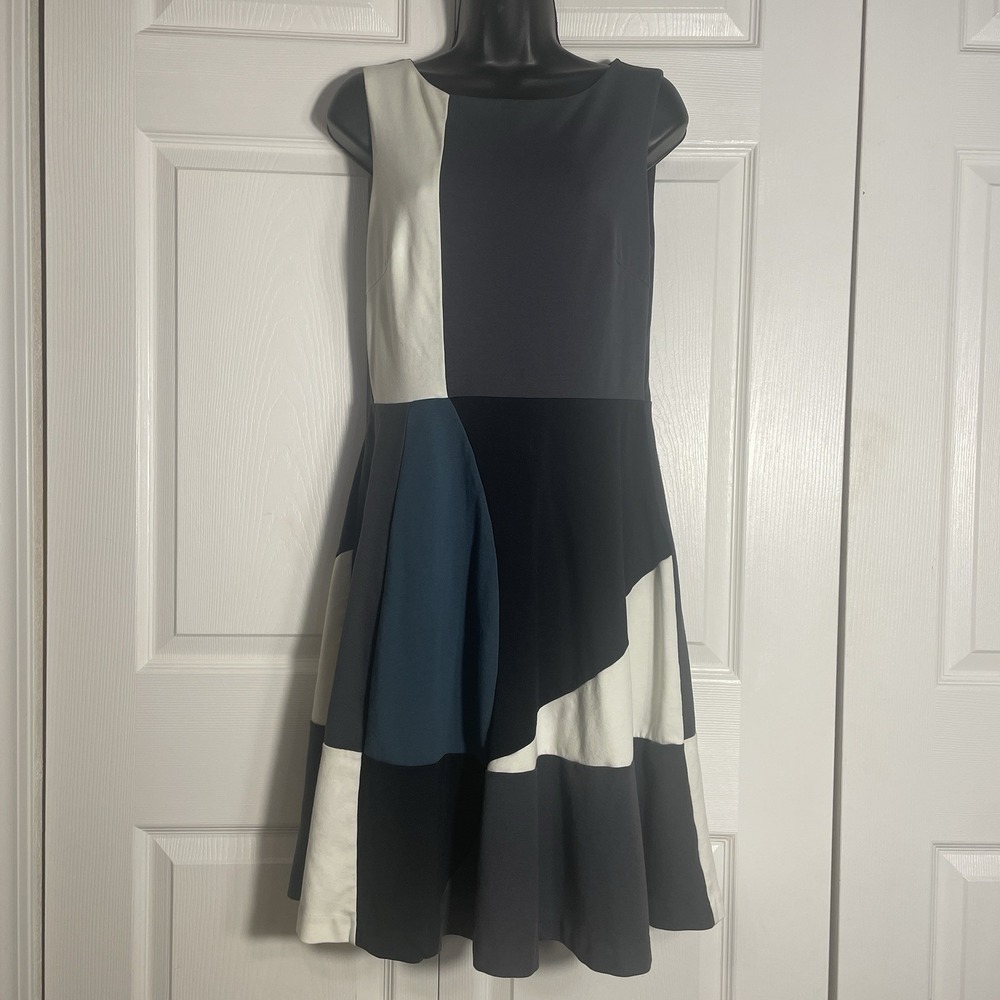 Boden Colorblock Sleeveless Dress Women 8R White Gray Blue Black Cotton Blend
